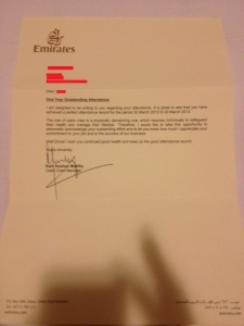 Cabin crew's attendance letter (apologies for low quality). 
